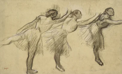 Tre studier av en ballerina (kol gnuggad och berörd med rosa och bruna pasteller på tunt, gulaktigt, oljat papper, lagt på styvt papper)